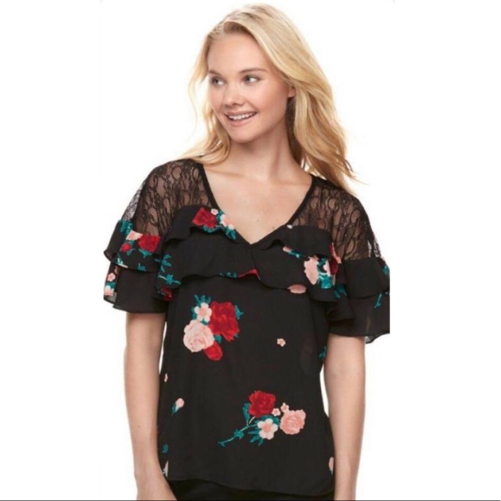 Black/Floral Ruffle Blouse